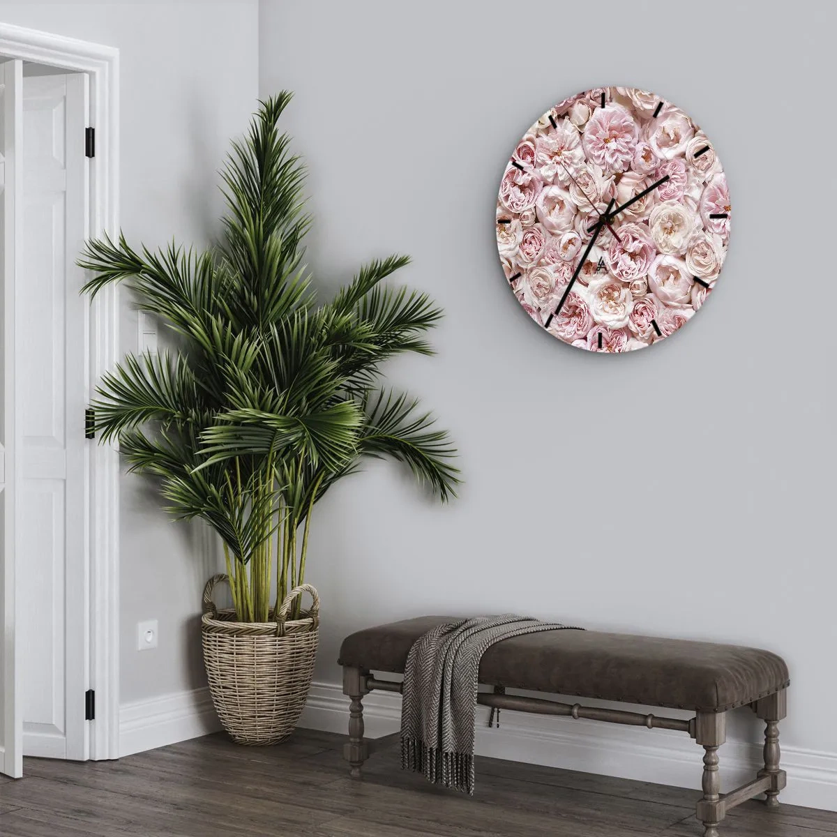 Ceas de perete - Ceas pe sticlă - Un buchet dens de trandafiri roz deschis în plină floare - 30x30cm - Presărat cu trandafiri - Decorațiune modernă pentru perete pentru living, bucătărie și dormitor ARTTOR