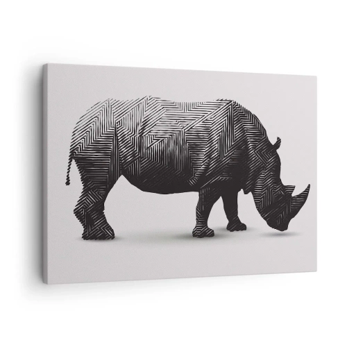 Tablou pe pânză Canvas - Siluetă grafică a unui rinocer într-un model alb-negru - 70x50cm - Frumusețea geometrică a naturii - Decorațiune modernă pentru perete pentru living și dormitor ARTTOR