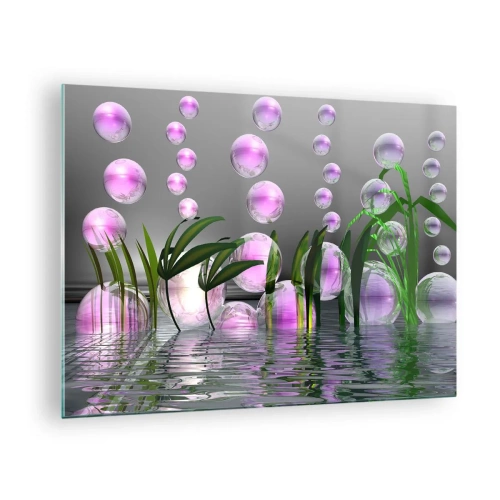 Tablou pe sticlă - Bule violete plutitoare deasupra apei cu plante - 70x50cm - O compoziție reflexivă de luminozitate și viață - Decorațiune modernă pentru perete pentru living și dormitor ARTTOR