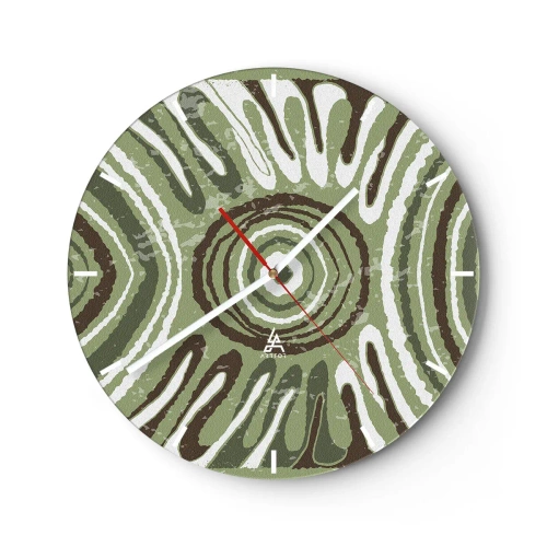 Ceas de perete - Ceas pe sticlă - Compoziție simetrică verde și maro cu modele concentrice - 30x30cm - Explozie de emoții - Decorațiune modernă pentru perete pentru living, bucătărie și dormitor ARTTOR