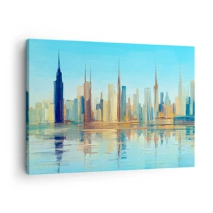 Tablou pe pânză Canvas - O panoramă a orașului în culori calde, cu reflexii în apă - 70x50cm - Metropola însorită - Decorațiune modernă pentru perete pentru living și dormitor ARTTOR