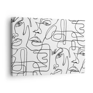 Tablou pe pânză Canvas - Un desen minimalist al unei fețe cu linii pe un fundal deschis la culoare. - 70x50cm - Într-o încurcătură de emoții - Decorațiune modernă pentru perete pentru living și dormitor ARTTOR