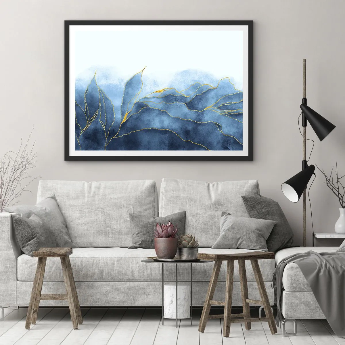 Poster în ramă neagră - Albastru în aur - 40x30 cm