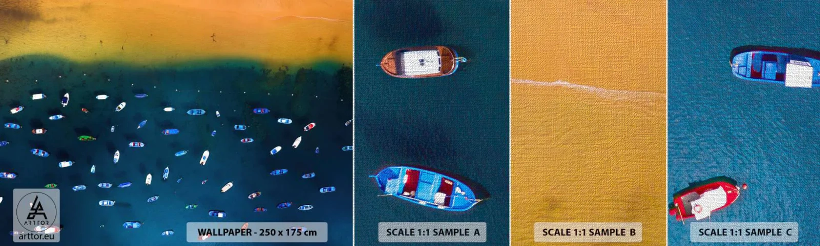 Mostră tapet Premium Canvas - Joc de vacanță - Bărci, plajă, Coasta - 100x30 cm