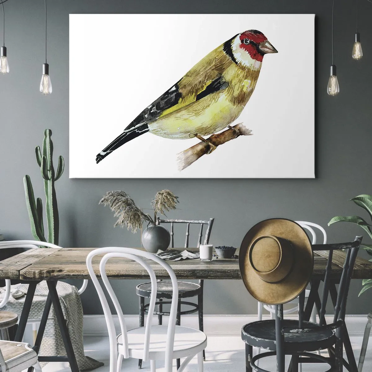 Tablou pe pânză Canvas - O pasăre cu capul roșu pe o creangă - 70x50cm - Portret de pasăre - Decorațiune modernă pentru perete pentru living și dormitor ARTTOR