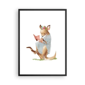 Poster în ramă neagră - Un cangur citind o carte cu un copil într-un stil artistic. - 50x70cm - Citește-mi, mamă - Decorațiune modernă pentru perete pentru living și dormitor ARTTOR