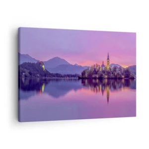 Tablou pe pânză Canvas - Lac cu o insulă și o biserică la apus - 70x50cm - Insulă de basm la apus  - Decorațiune modernă pentru perete pentru living și dormitor ARTTOR