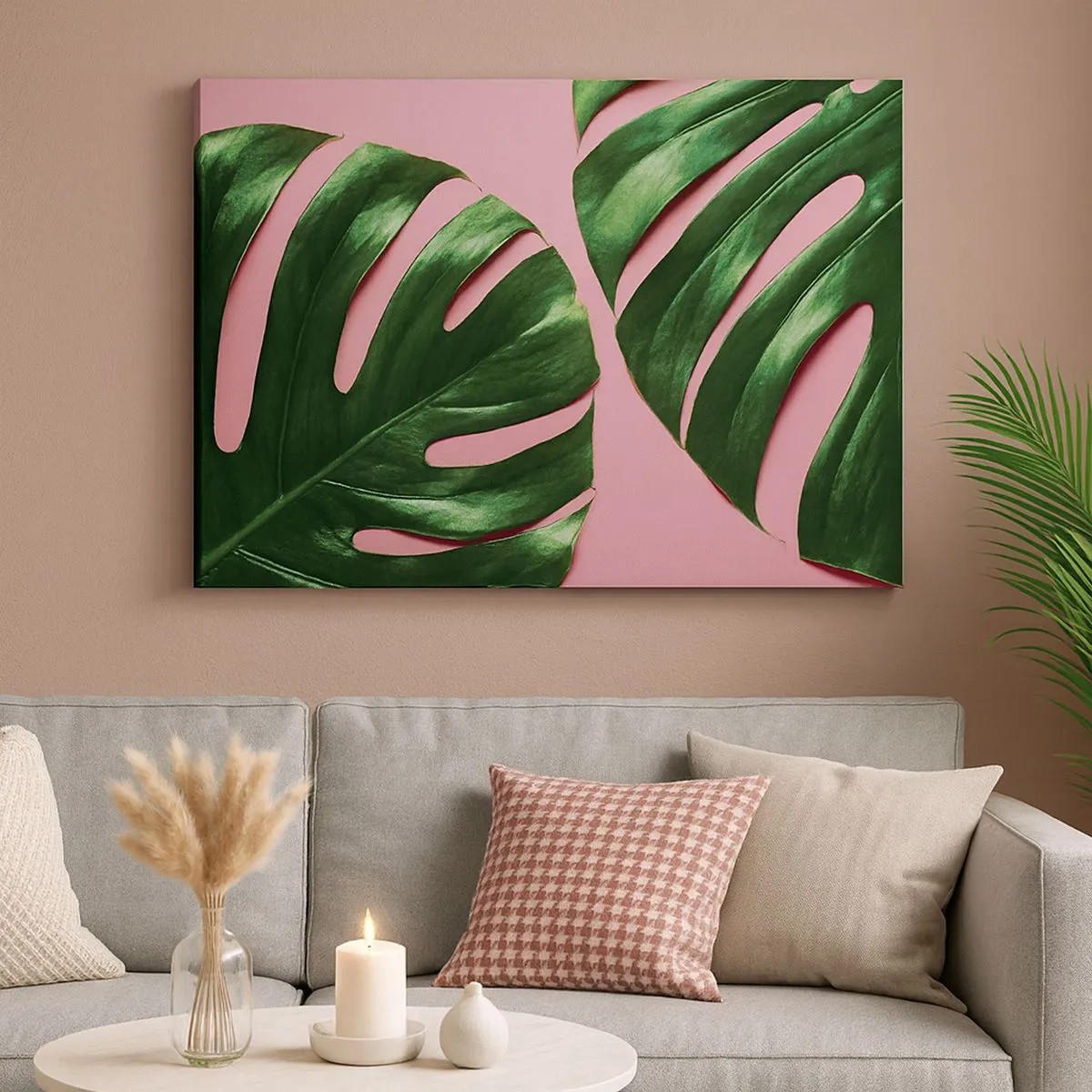 Tablou pe pânză Canvas - Frunze verzi de monstera pe fundal roz - 70x50cm - Întâlnire verde - Decorațiune modernă pentru perete pentru living și dormitor ARTTOR