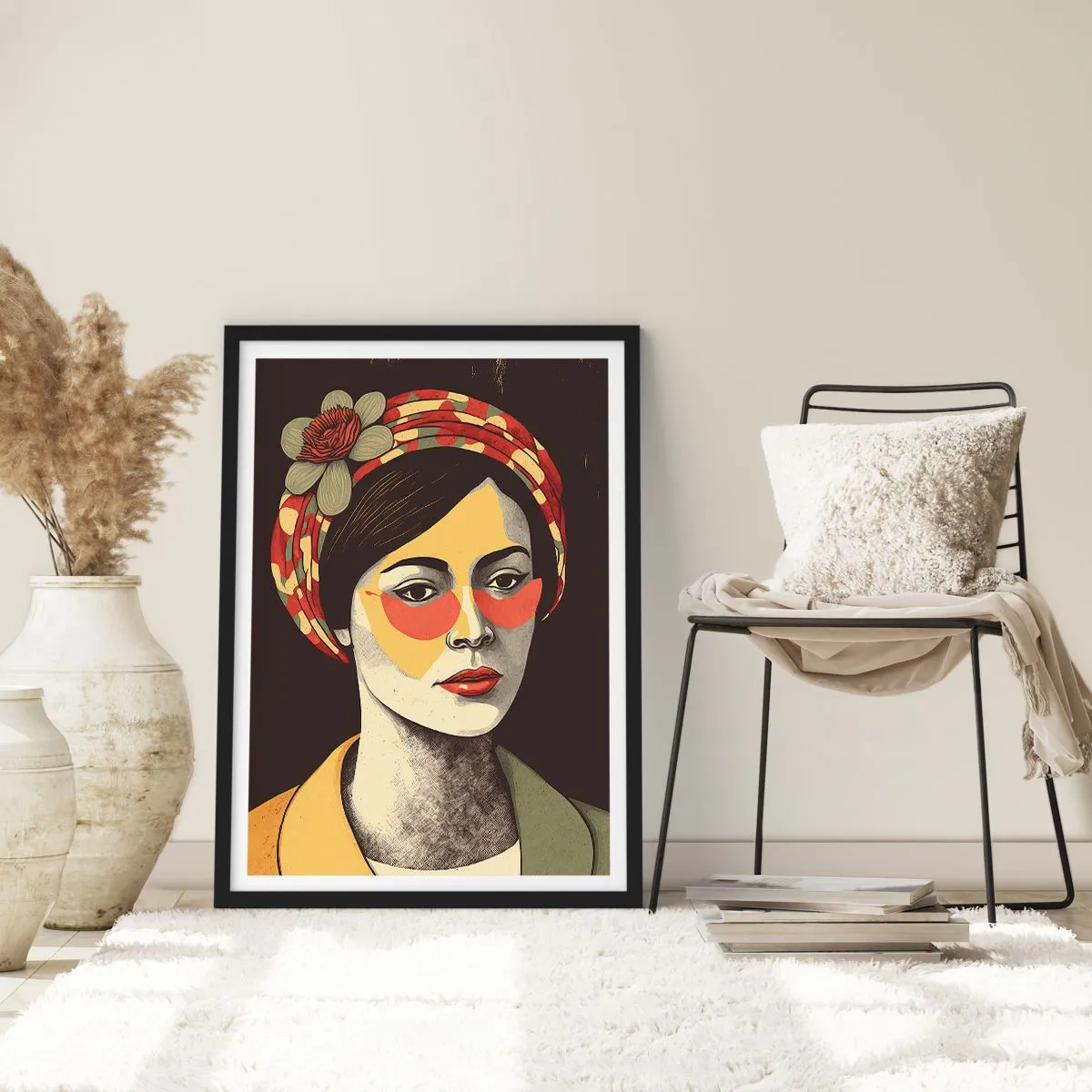 Poster în ramă neagră - Portret stilizat al unei femei într-un turban cu accent floral - 50x70cm - Doamna coral - Decorațiune modernă pentru perete pentru living și dormitor ARTTOR