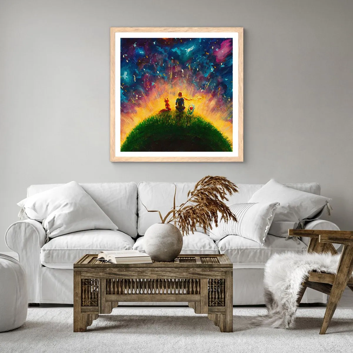 Poster în ramă de stejar deschis - Dragoste și prietenie - întreaga lume - 40x40 cm