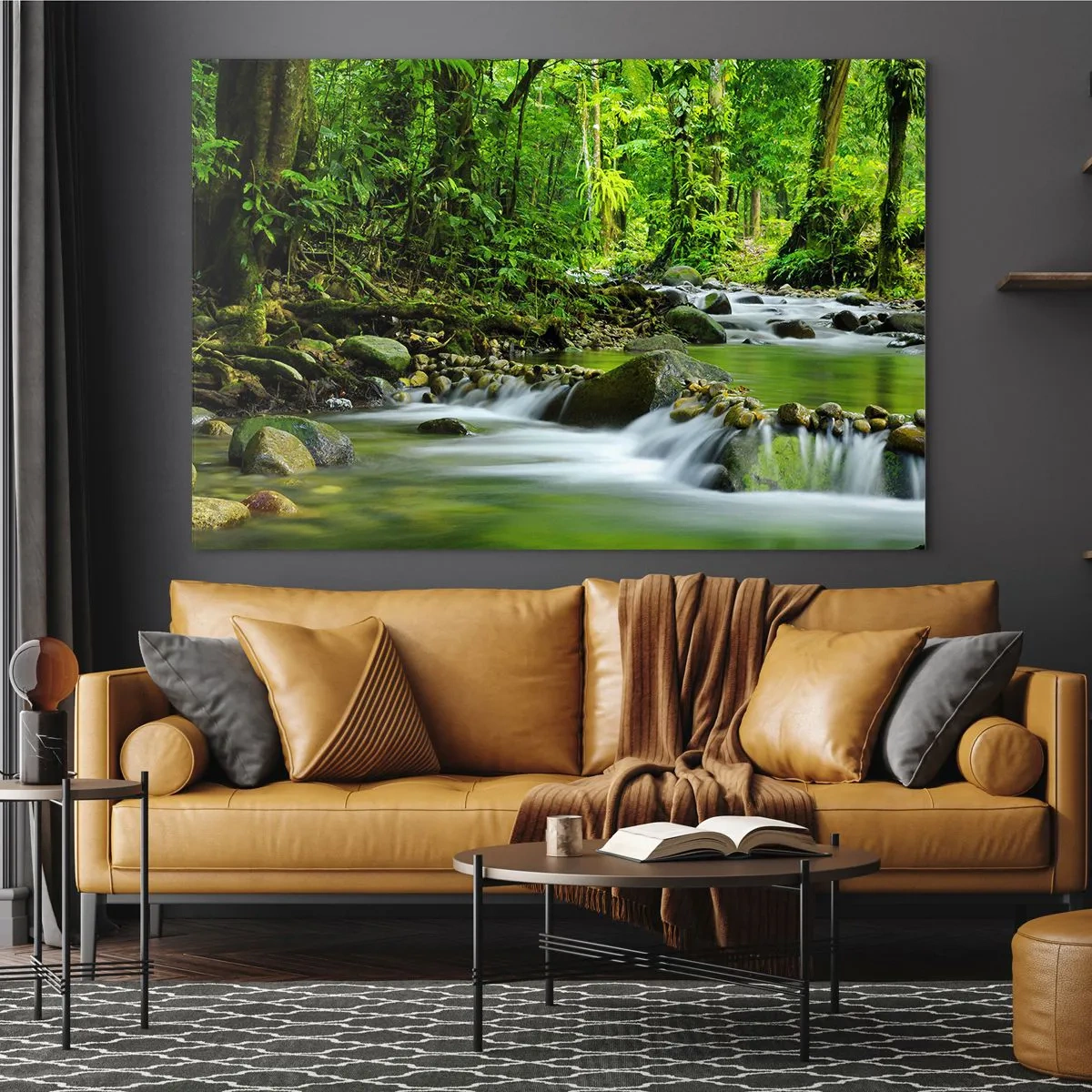 Tablou pe sticlă - Un pârâu de pădure înconjurat de vegetație luxuriantă - 70x50cm - Să înotăm într-o mare de verde - Decorațiune modernă pentru perete pentru living și dormitor ARTTOR