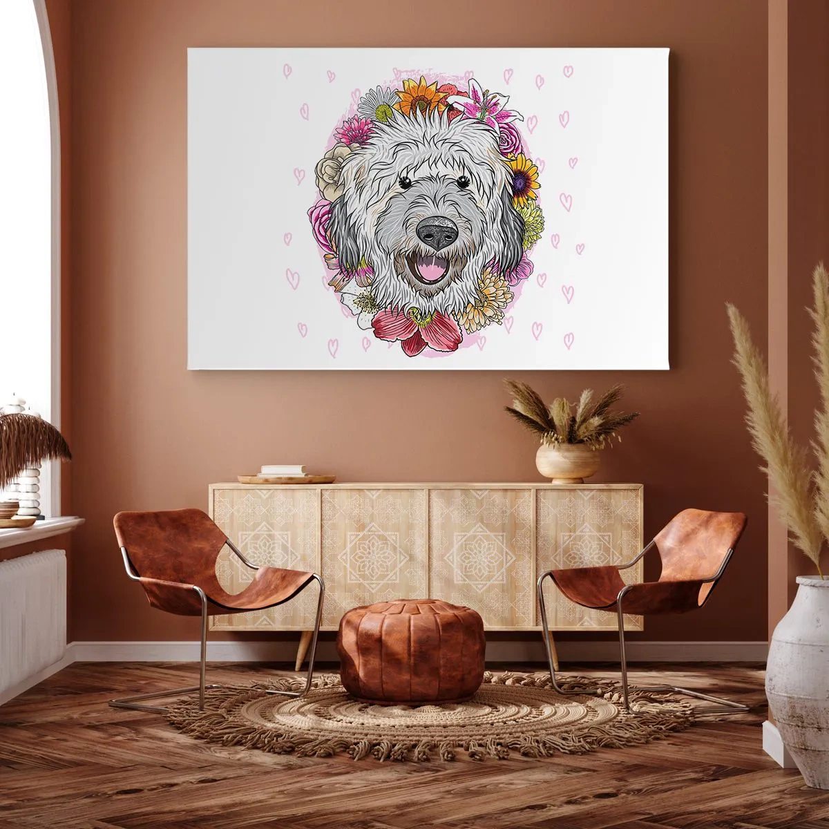 Tablou pe pânză Canvas - Un câine înconjurat de flori colorate - 70x50cm - Bucuria cățelușului - Decorațiune modernă pentru perete pentru living și dormitor ARTTOR