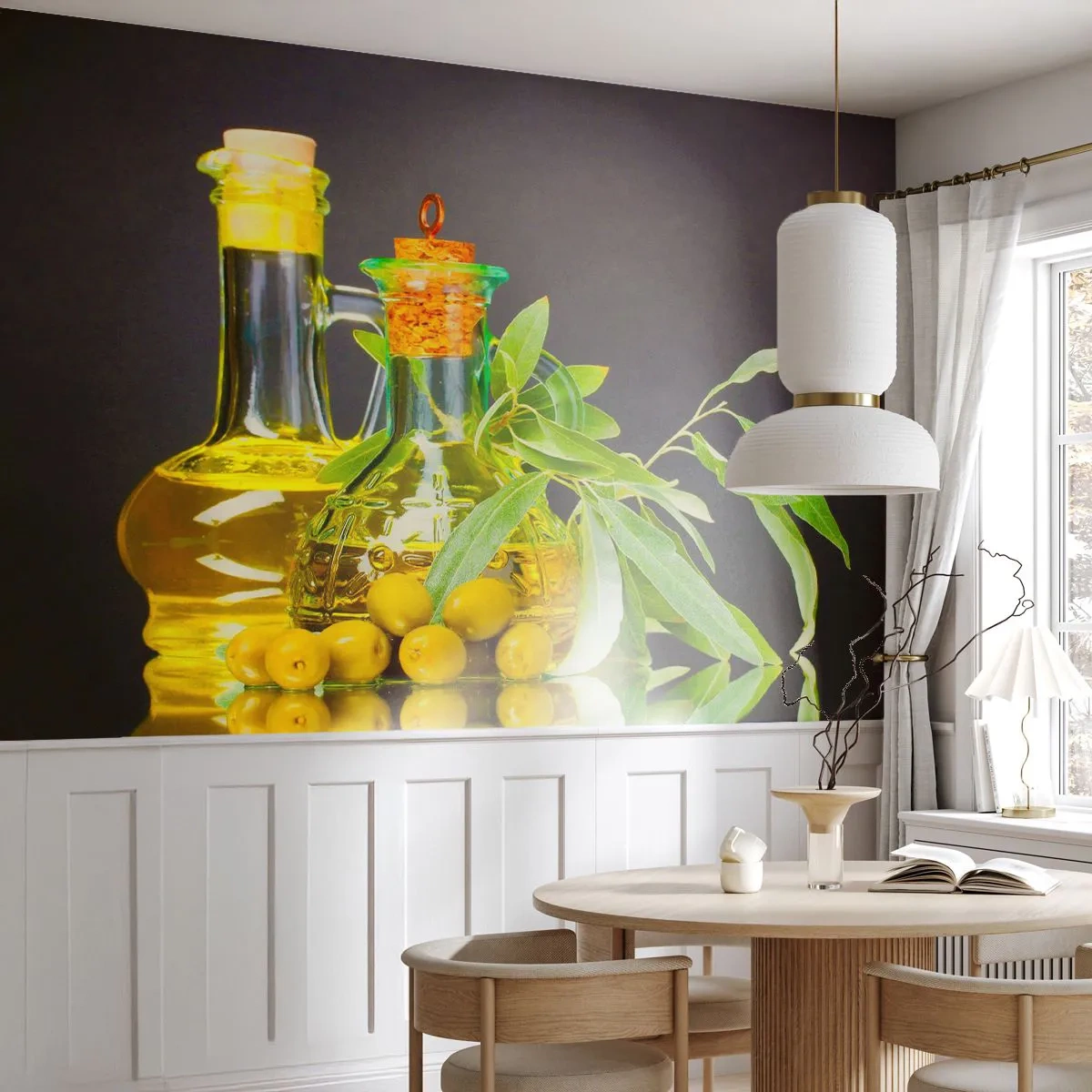 Tapet Premium Sand - Natură moarte cu măsline și ulei - Gastronomie, Măsline, Ulei - 100x70 cm