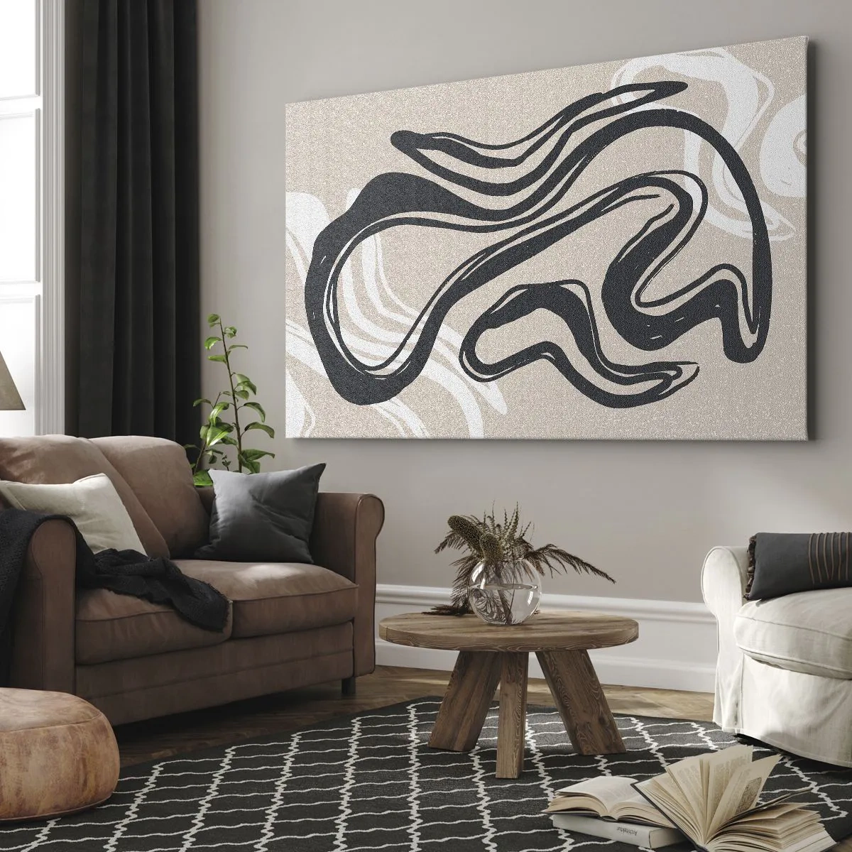 Tablou pe pânză Canvas - Linii abstracte în nuanțe închise pe un fundal bej - 70x50cm - Expresie multiplicată - Decorațiune modernă pentru perete pentru living și dormitor ARTTOR