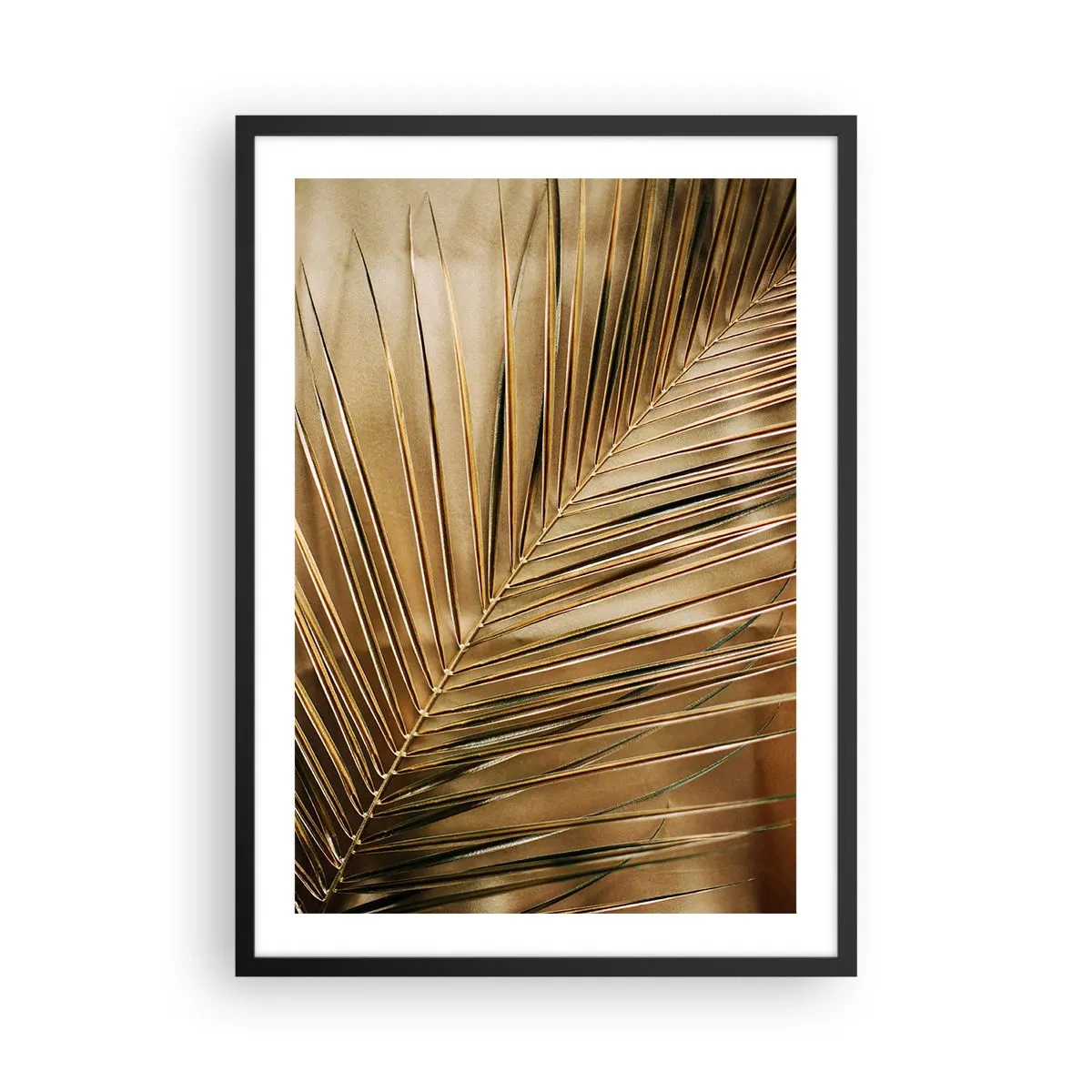 Poster în ramă neagră - Frunză de palmier aurie pe un fundal elegant - 50x70cm - Colonadă naturală - Decorațiune modernă pentru perete pentru living și dormitor ARTTOR