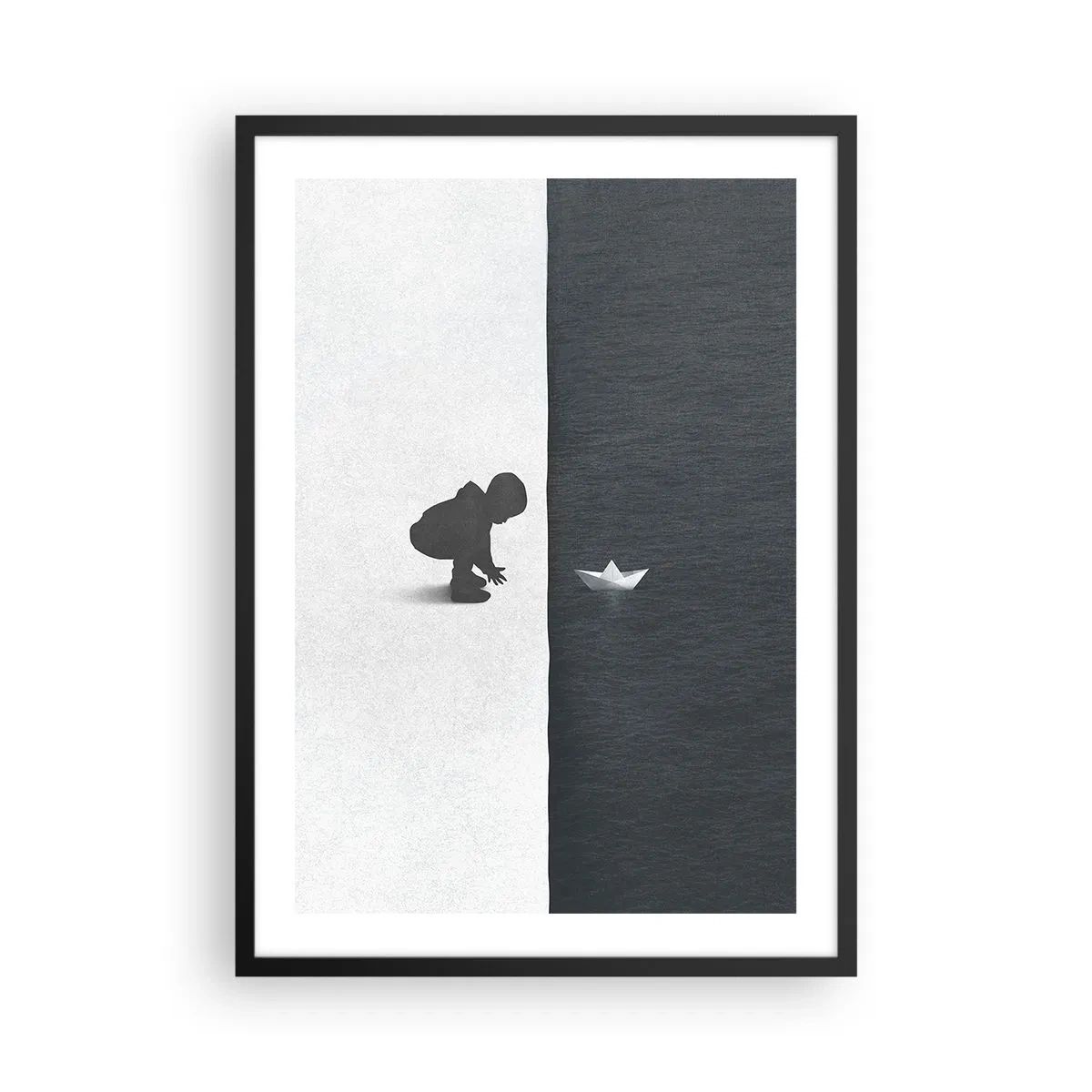 Poster în ramă neagră - Un copil aplecat deasupra apei cu o barcă de hârtie - 50x70cm - Marea expediție - Decorațiune modernă pentru perete pentru living și dormitor ARTTOR