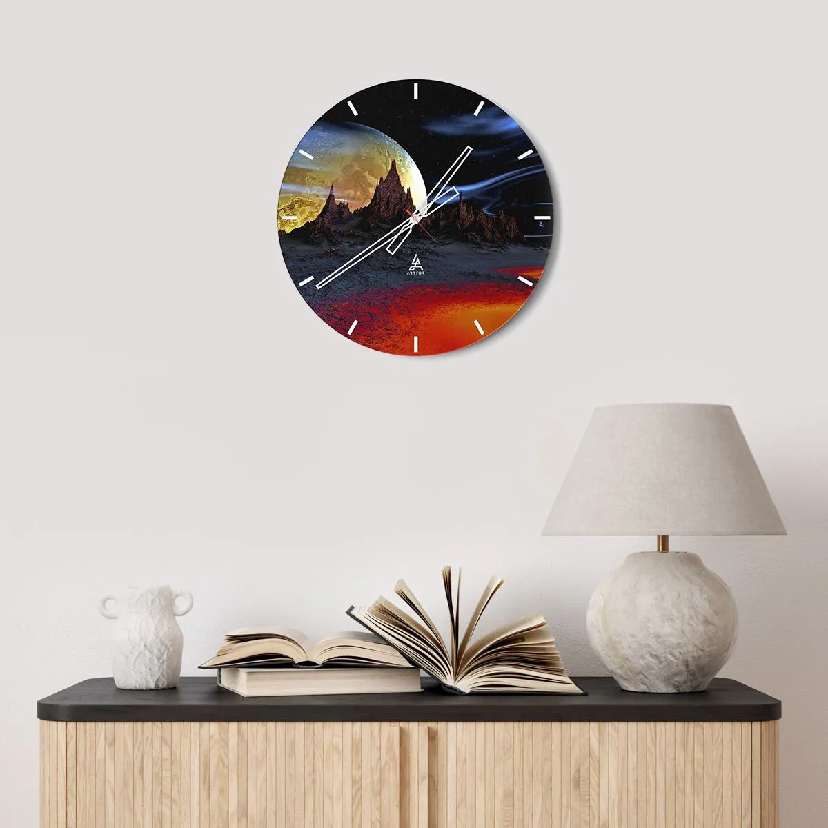 Ceas de perete - Ceas pe sticlă - Peisajul unei planete extraterestre cu o lună și sol roșu - 30x30cm - Lumea necunoscută - Decorațiune modernă pentru perete pentru living, bucătărie și dormitor ARTTOR