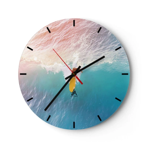 Ceas de perete - Ceas pe sticlă - Surfer călare pe un val în oceanul turcoaz - 30x30cm - Călărețul oceanului - Decorațiune modernă pentru perete pentru living, bucătărie și dormitor ARTTOR