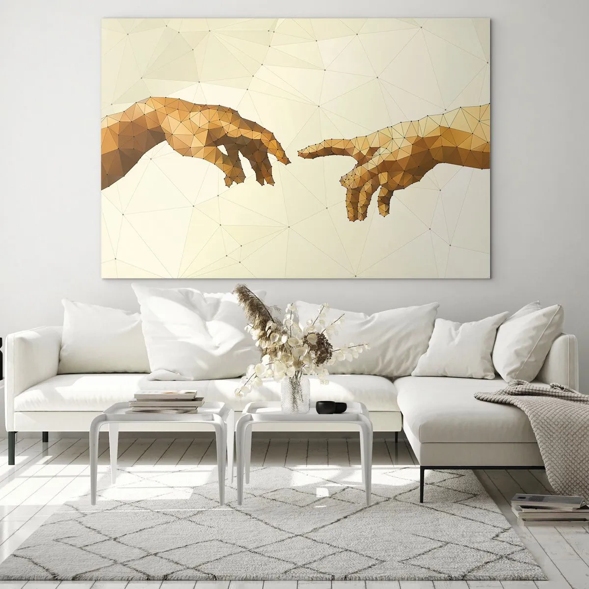 Tablou pe sticlă - O versiune stilizată a picturii „Crearea lui Adam” în tehnica poligonului - 70x50cm - Geometrie divină - Decorațiune modernă pentru perete pentru living și dormitor ARTTOR