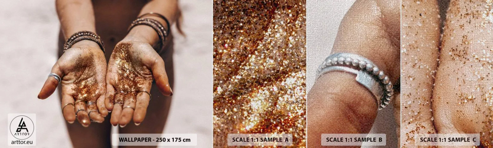 Mostră tapet Premium Canvas - Un cadou pentru tine - Mâinile femeilor, Boho, Aur - 100x30 cm