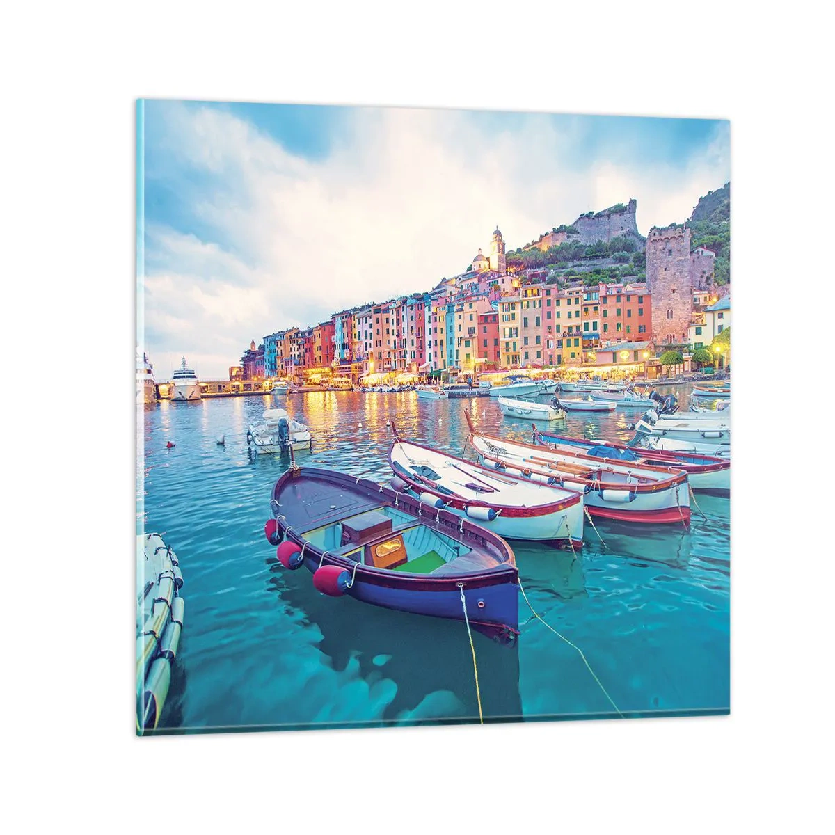 Tablou pe sticlă - O seară plină de culoare în port - 30x30 cm