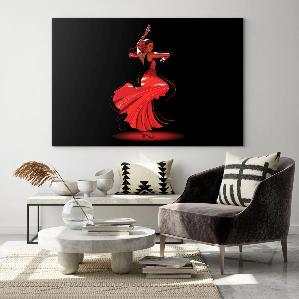 Tablou pe sticlă - Dansatoare de flamenco într-o rochie roșie pe un fundal negru - 70x50cm - Spiritul înflăcărat al flamenco-ului - Decorațiune modernă pentru perete pentru living și dormitor ARTTOR