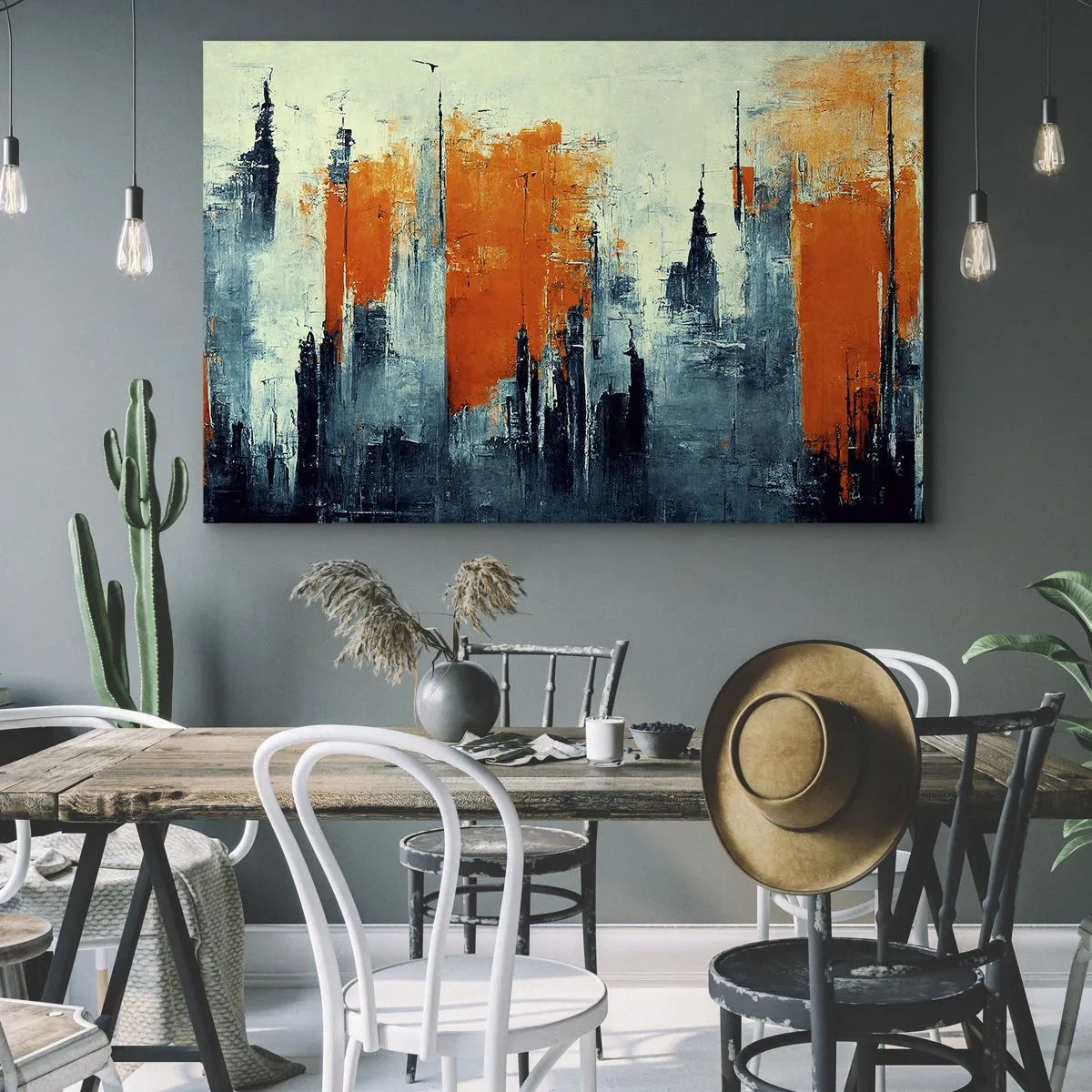 Tablou pe pânză Canvas - peisaj urban abstract în nuanțe de portocaliu și albastru - 70x50cm - Peisaj modern - Decorațiune modernă pentru perete pentru living și dormitor ARTTOR