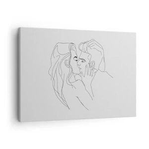 Tablou pe pânză Canvas - Schița unui cuplu sărutându-se pe un fundal deschis - 70x50cm - Cu aceeași linie - Decorațiune modernă pentru perete pentru living și dormitor ARTTOR