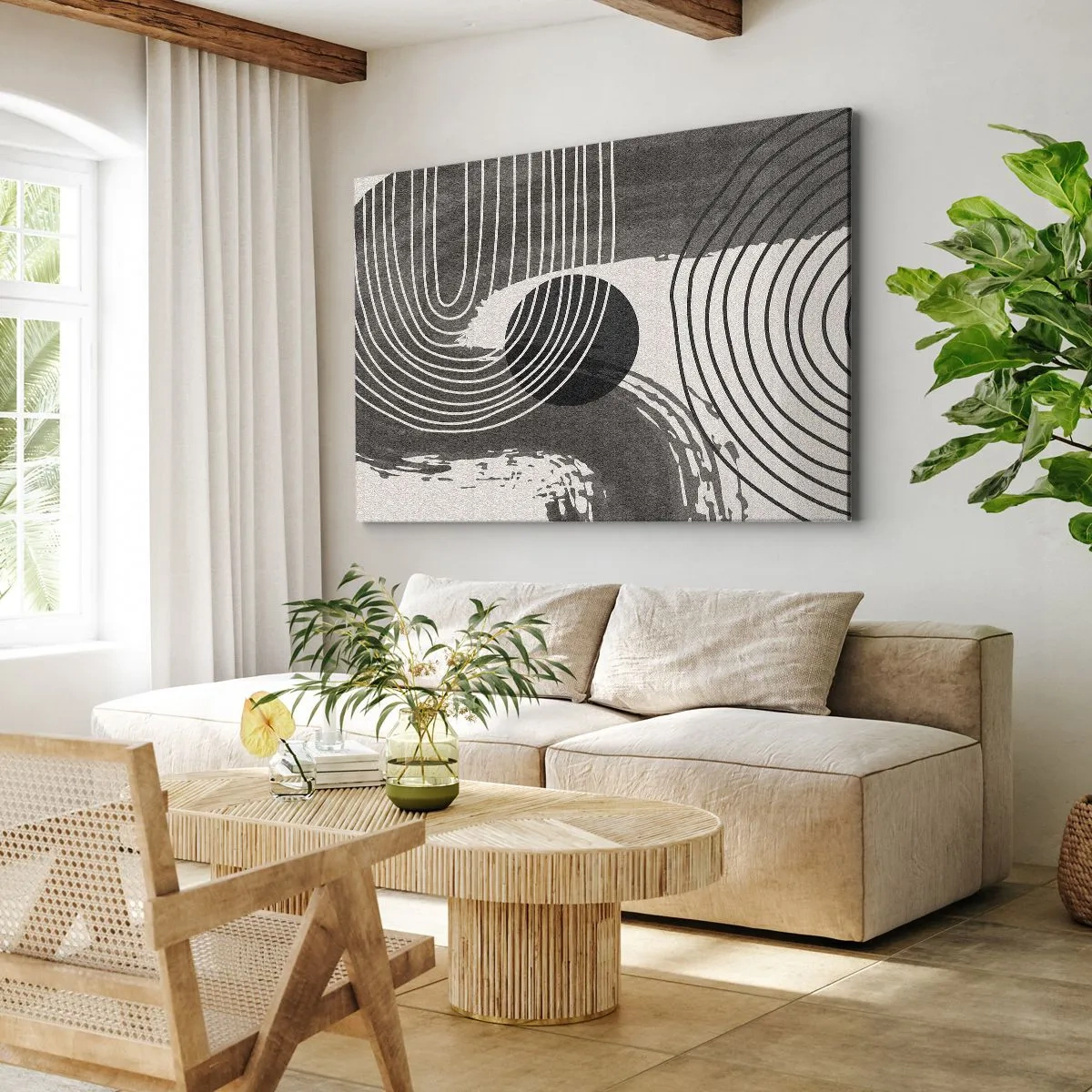 Tablou pe pânză Canvas - Linii geometrice și ovale în nuanțe monocromatice - 70x50cm - Ovalul câștigă - Decorațiune modernă pentru perete pentru living și dormitor ARTTOR