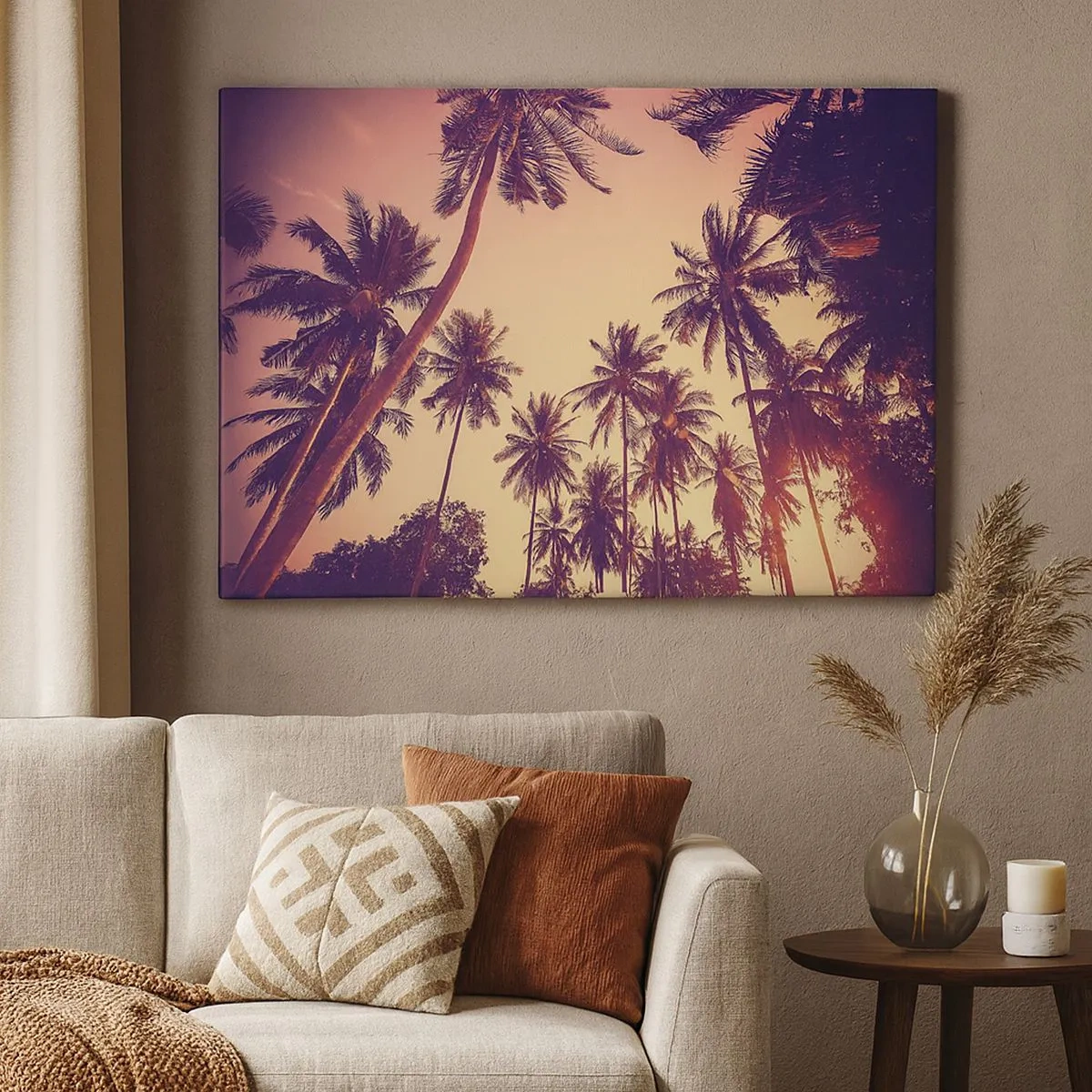 Tablou pe pânză Canvas - Palmieri pe cer cu culori calde ale apusului - 70x50cm - Variație tropicală - Decorațiune modernă pentru perete pentru living și dormitor ARTTOR
