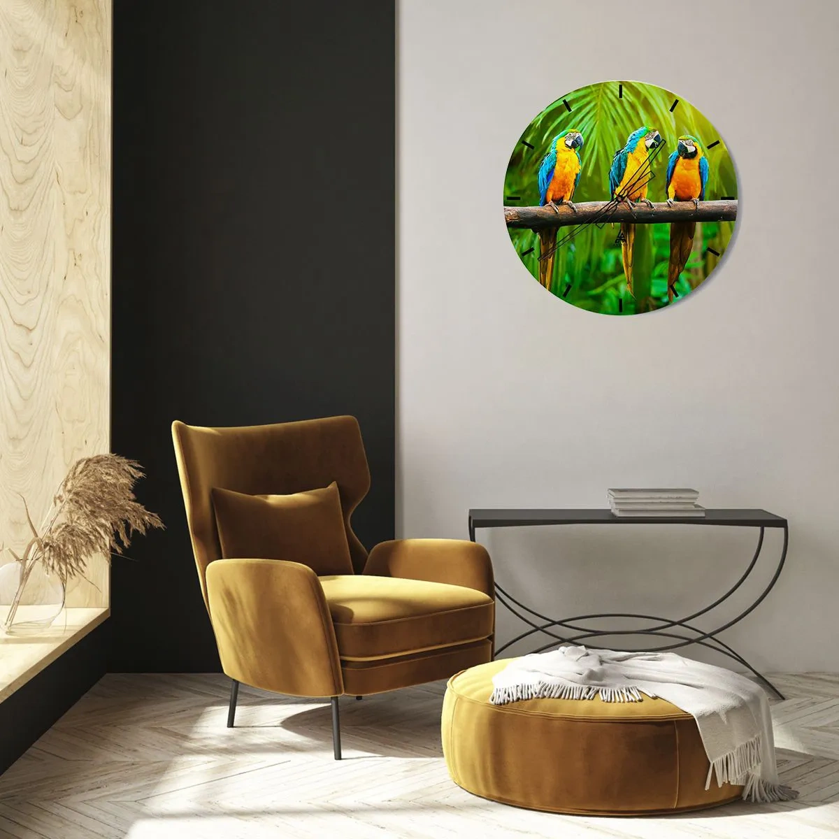 Ceas de perete - Ceas pe sticlă - Trei papagali macaw pe o ramură într-un cadru tropical - 30x30cm - Și ai auzit că ea...? - Decorațiune modernă pentru perete pentru living, bucătărie și dormitor ARTTOR