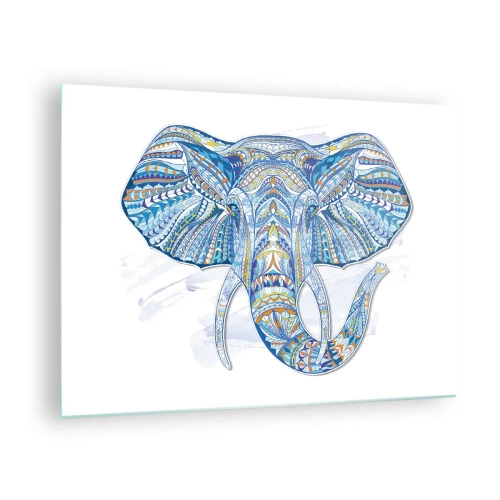 Tablou pe sticlă - Elefant albastru într-un stil artistic cu modele geometrice - 70x50cm - Incrustat cu aur și albastru - Decorațiune modernă pentru perete pentru living și dormitor ARTTOR
