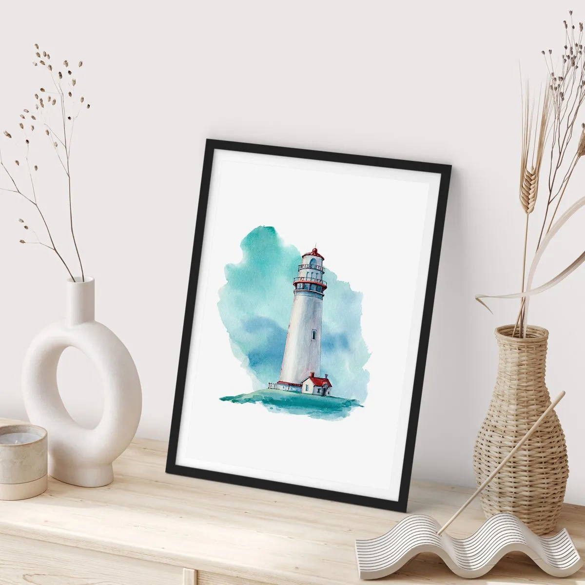 Poster în ramă neagră - O ilustrație picturală a unui far înconjurat de un cer albastru. - 50x70cm - Sora blândă a albastrului - Decorațiune modernă pentru perete pentru living și dormitor ARTTOR