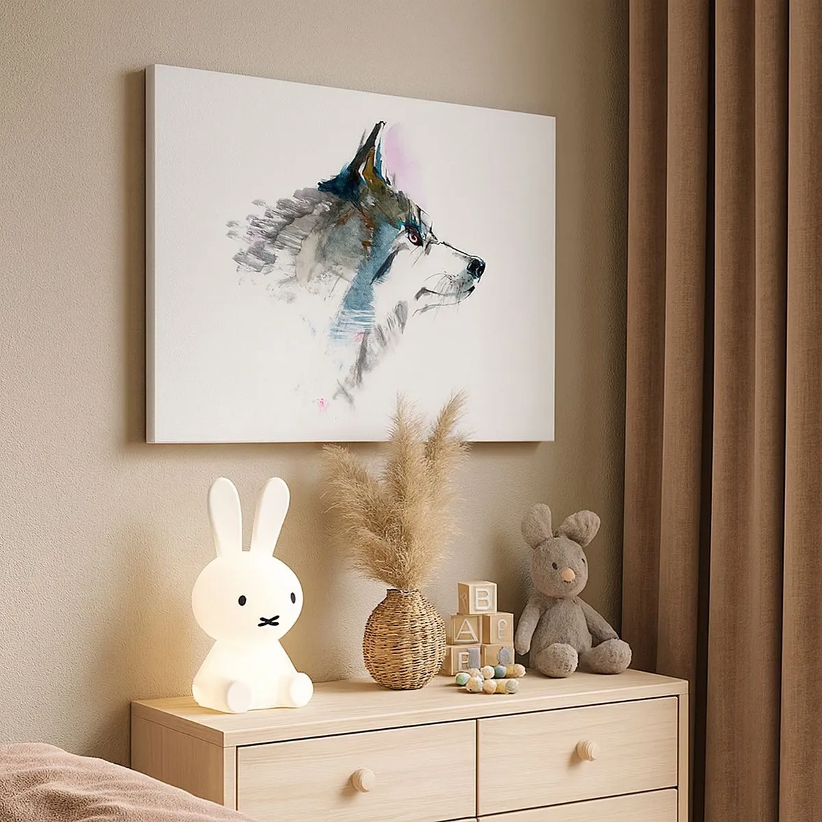 Tablou pe pânză Canvas - Lup în acuarelă într-un stil minimalist - 70x50cm - Ce știm despre lup - Decorațiune modernă pentru perete pentru living și dormitor ARTTOR