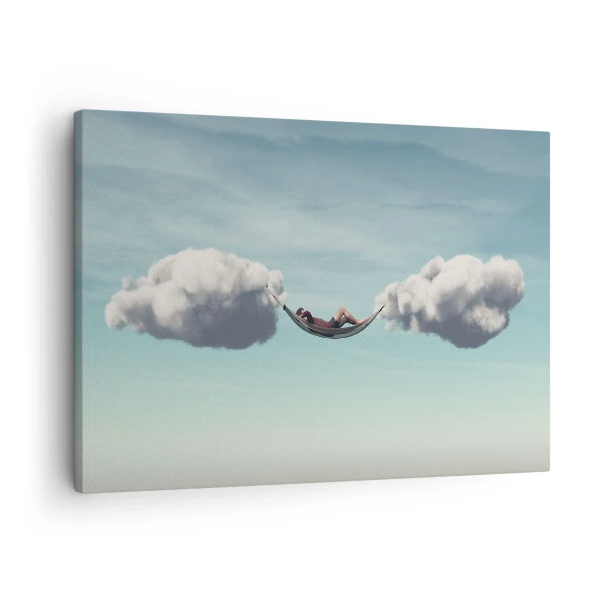 Tablou pe pânză Canvas - O persoană care se relaxează într-un hamac suspendat în nori - 70x50cm - Fericirea momentului - Decorațiune modernă pentru perete pentru living și dormitor ARTTOR