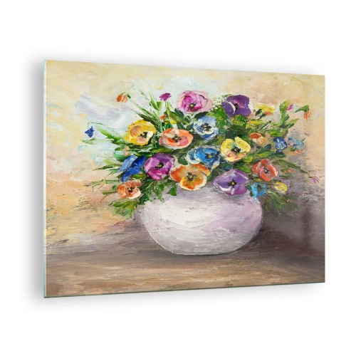 Tablou pe sticlă - Un buchet de flori colorate într-o vază albă - 70x50cm - Natură moartă cu vază albă - Decorațiune modernă pentru perete pentru living și dormitor ARTTOR