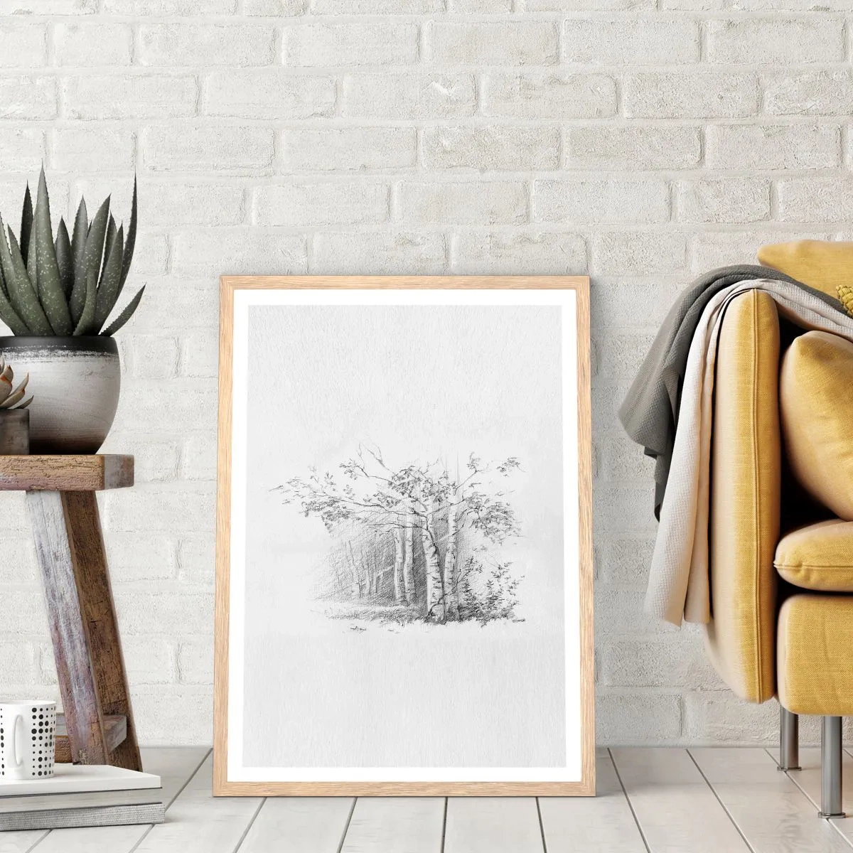 Poster în ramă de stejar deschis - Lumina pădurii de mesteceni - 61x91 cm