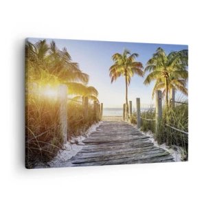 Tablou pe pânză Canvas - Cale de lemn pe plajă cu palmieri în fundal - 70x50cm - Direct în paradis - Decorațiune modernă pentru perete pentru living și dormitor ARTTOR