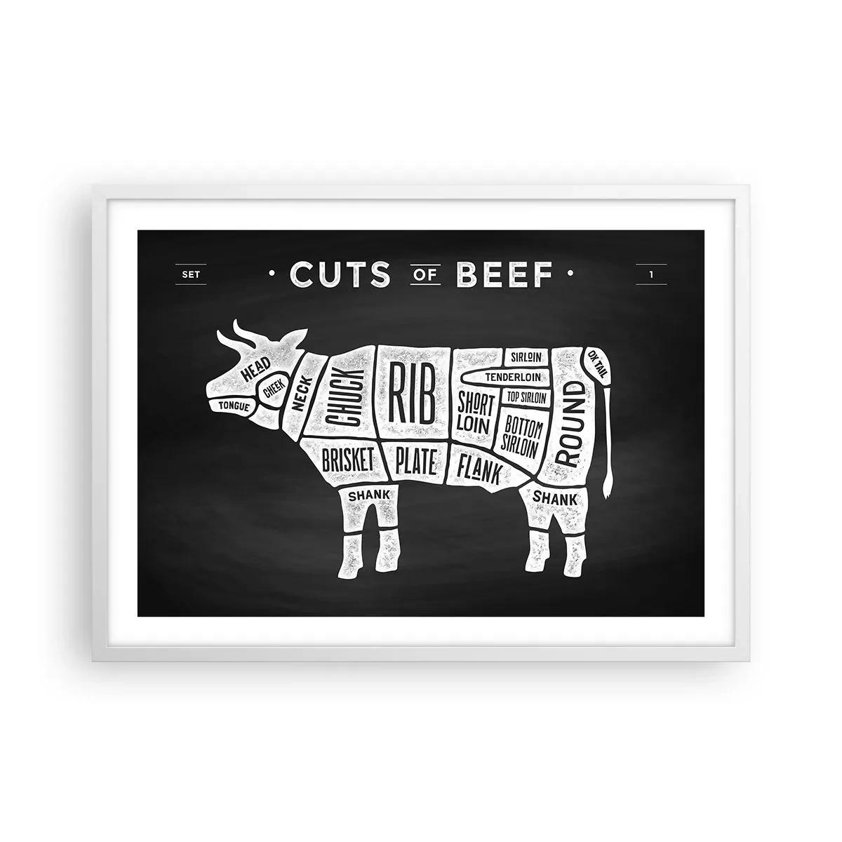 Poster în ramă albă - Abecedar de măcelar - 70x50 cm