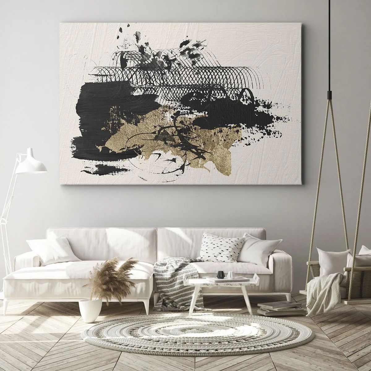 Tablou pe pânză Canvas - pictură abstractă în negru și auriu, cu linii și structuri dinamice. - 70x50cm - Compoziție cu pasiune - Decorațiune modernă pentru perete pentru living și dormitor ARTTOR