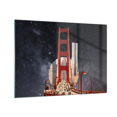 Tablou pe sticlă - Pod și zgârie-nori într-un fundal suprarealist de galaxie - 70x50cm - Întotdeauna în centru - Decorațiune modernă pentru perete pentru living și dormitor ARTTOR