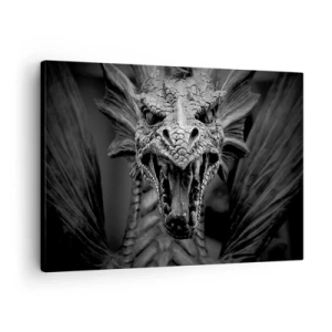 Tablou pe pânză Canvas - Un cap de dragon amenințător în alb și negru, cu detalii expresive. - 70x50cm - Dragon de basm în gri - Decorațiune modernă pentru perete pentru living și dormitor ARTTOR