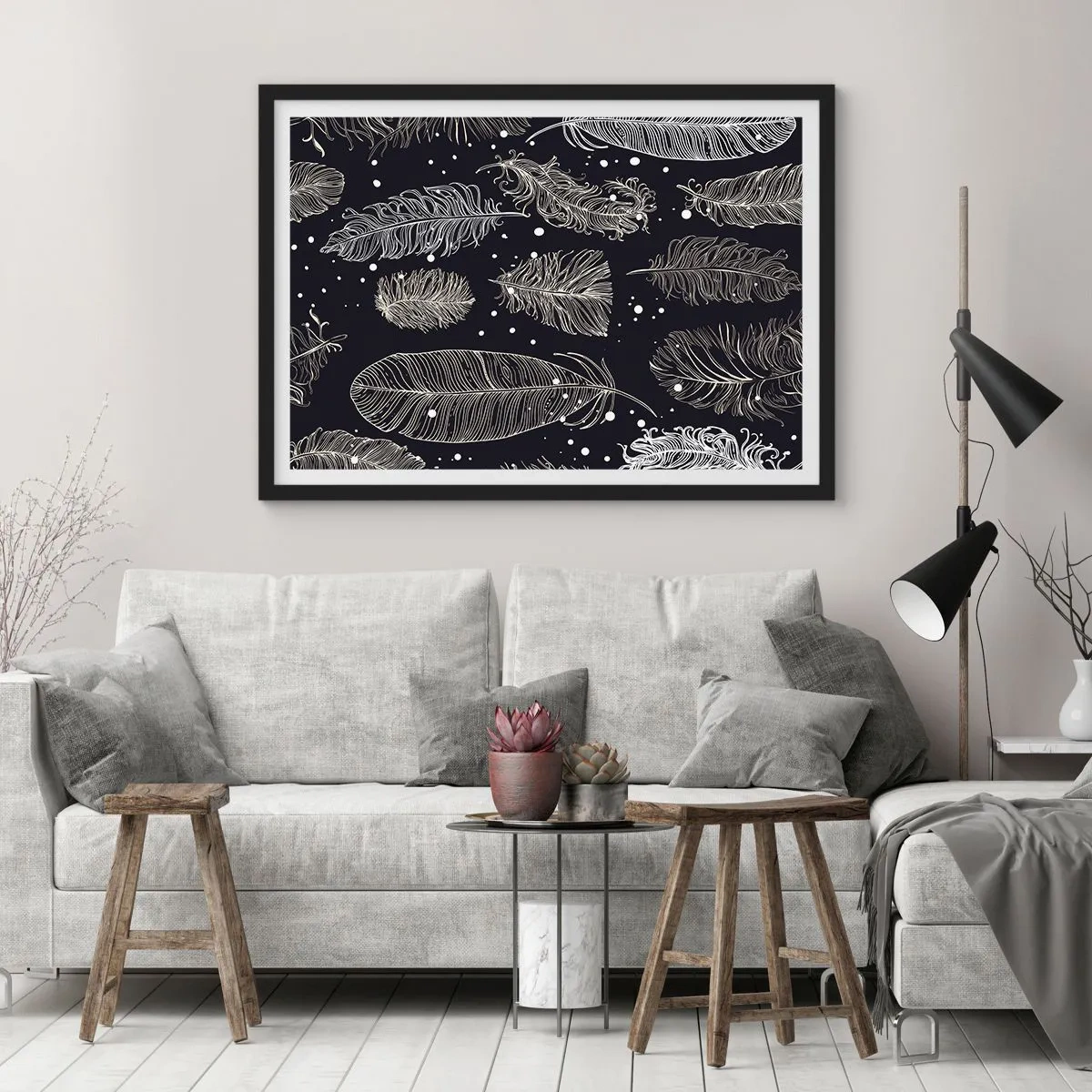 Poster în ramă neagră - Dantelă cu pene - 100x70 cm