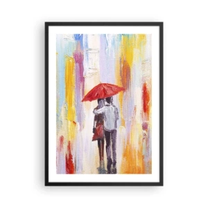 Poster în ramă neagră - O scenă romantică cu un cuplu sub o umbrelă roșie pe fundalul unui oraș. - 50x70cm - Să plouă în continuare - Decorațiune modernă pentru perete pentru living și dormitor ARTTOR