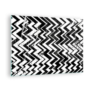 Tablou pe sticlă - Un model în zig-zag alb-negru cu o compoziție și textură dinamică. - 70x50cm - Zig-alb, zag-negru - Decorațiune modernă pentru perete pentru living și dormitor ARTTOR