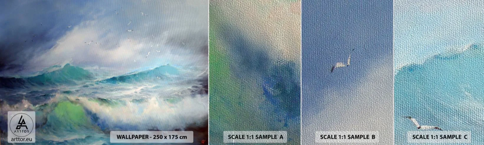 Mostră tapet Premium Sand - Vârtejul a gemut de triumf... - Furtună, Val înalt, Păsări - 100x30 cm