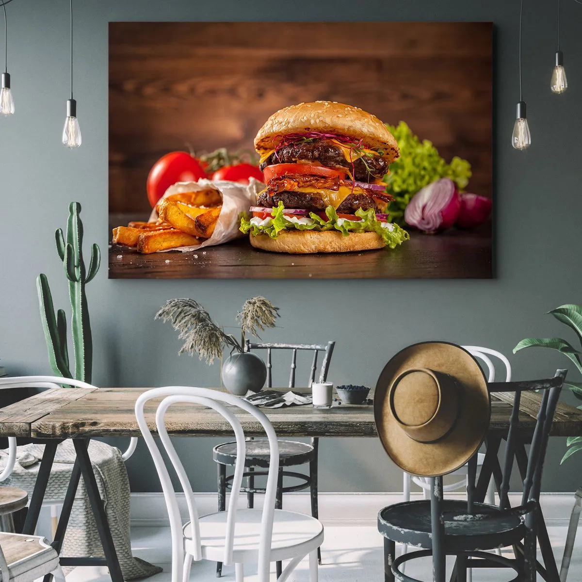 Tablou pe pânză Canvas - Burger apetisant cu extrasuri - 70x50cm - Fruct interzis - Decorațiune modernă pentru perete pentru living și dormitor ARTTOR