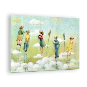 Tablou pe sticlă - Figuri urcând scări printre nori - 70x50cm - Urmează-ți visul - Decorațiune modernă pentru perete pentru living și dormitor ARTTOR