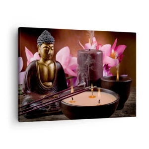 Tablou pe pânză Canvas - Figurină Buddha cu lumânări aprinse și bețișoare parfumate - 70x50cm - Eliberați mintea, calmați corpul - Decorațiune modernă pentru perete pentru living și dormitor ARTTOR