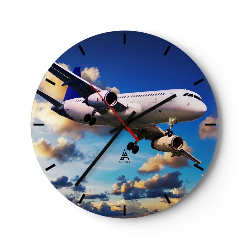 Ceas de perete - Ceas pe sticlă - Un avion pe un cer înnorat - 30x30cm - Călătorie în alb și albastru - Decorațiune modernă pentru perete pentru living, bucătărie și dormitor ARTTOR